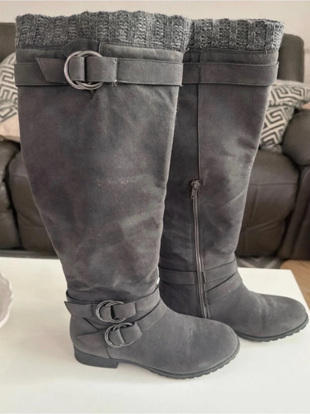 Shoe Dazzle Black Over-the-Knee Buckled Knit-Cuff Boots